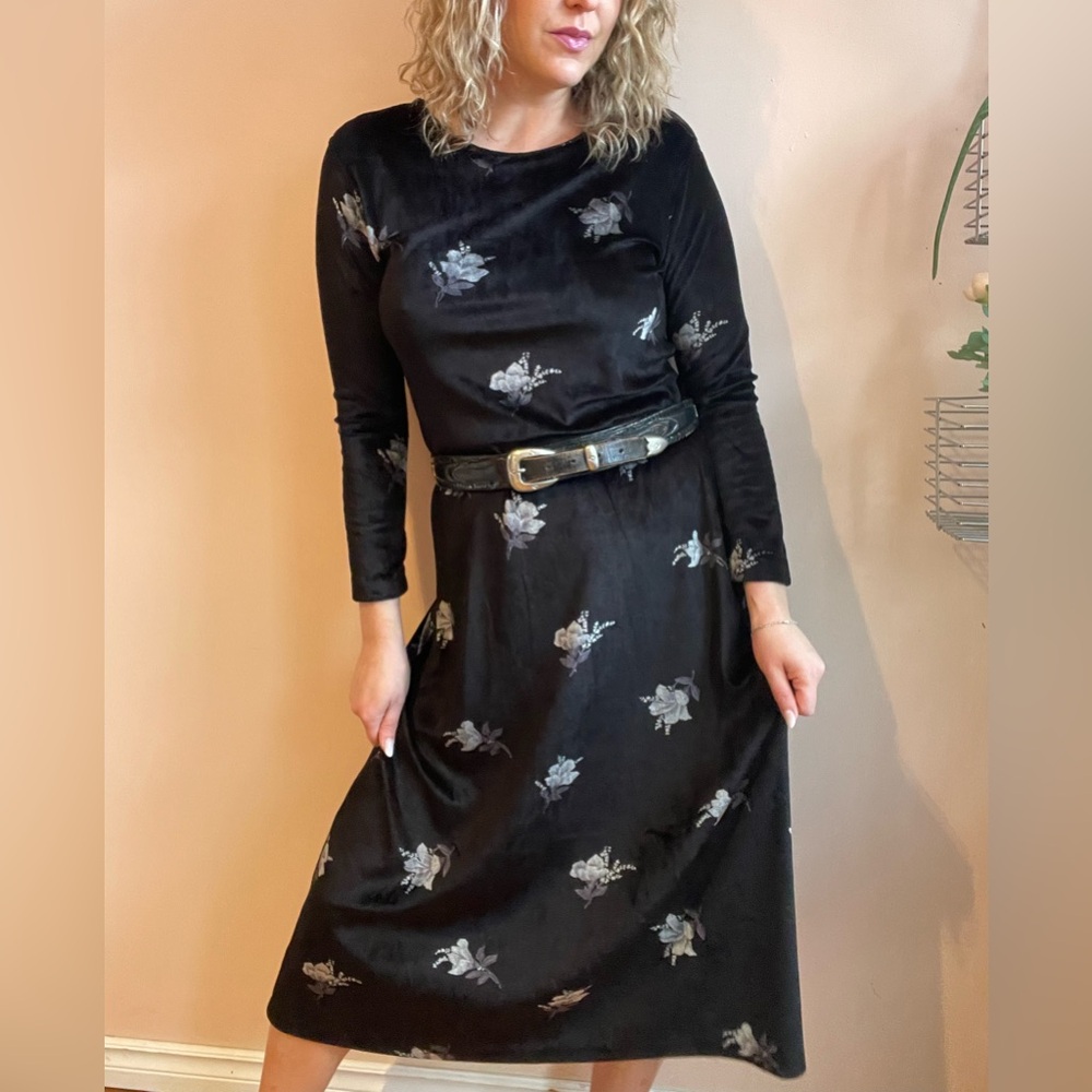Vintage 90s Long Sleeve Black Floral Print Witchy Chic Maxi Dress, Sz Medium